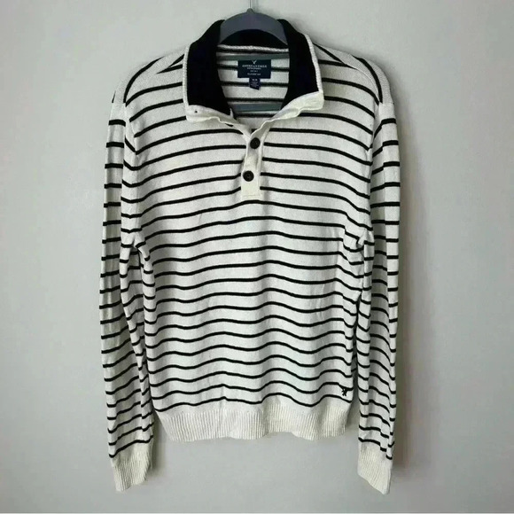 American Eagle Men’s Striped Pullover Collared Quarter Button Sweater Medium - Picture 1 of 6